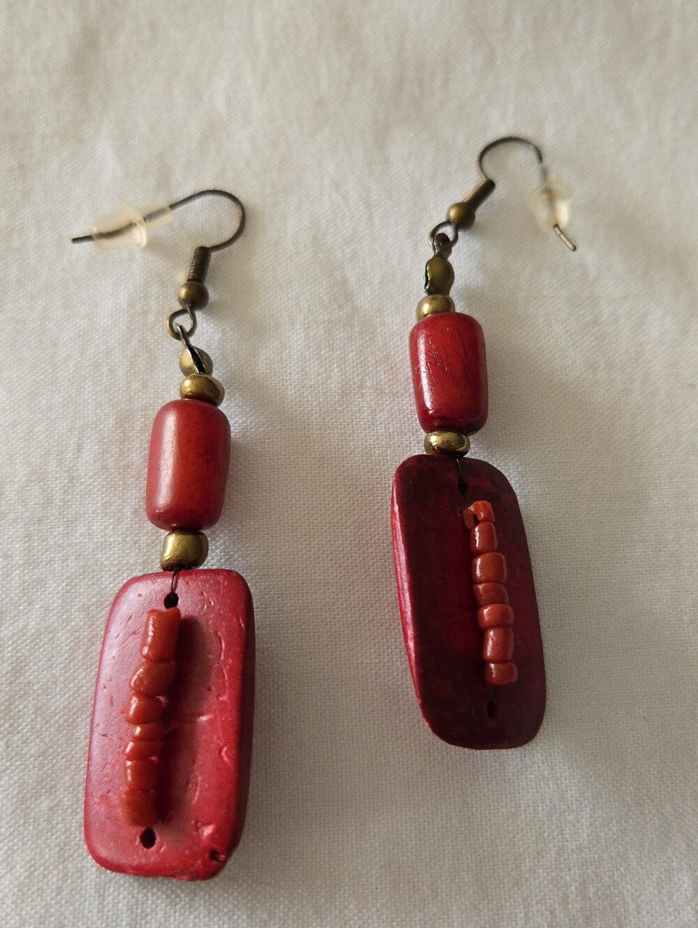 Vtg. Handcrafted Wood Beaded Earrings Red 2.5"